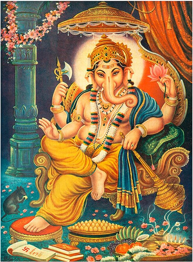 Lord Shree Ganesha seated in calm with his elephant head soft golden light surrounding him — symbolising wisdom, beginnings and removal of obstacles.