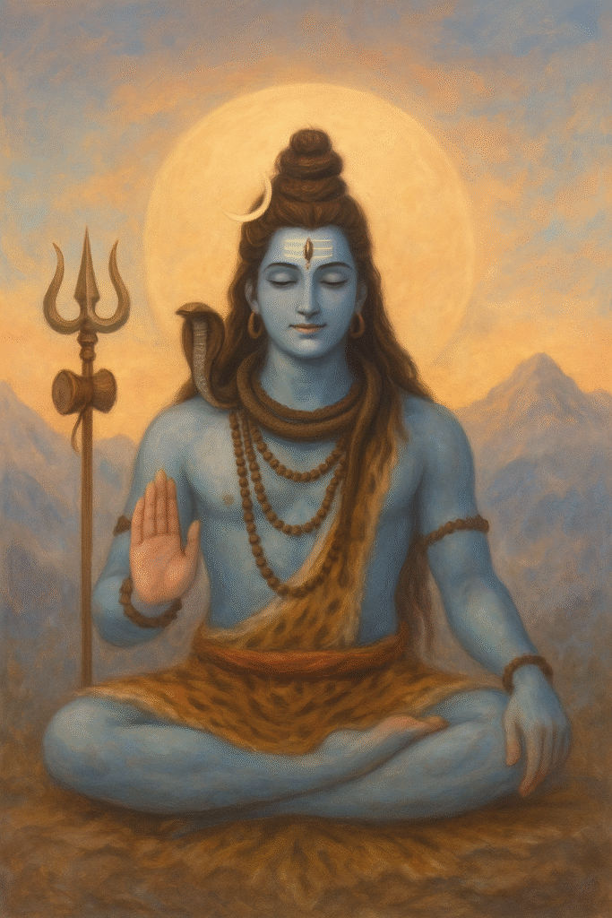 Serene depiction of Lord Shiva in deep meditation with a calm expression, seated against a backdrop of golden-orange mountains and sky. The crescent moon adorns his matted hair, the sacred river Ganga flows from his head, and a snake coils gently around his neck beside a trident, symbolizing divine power and peace.